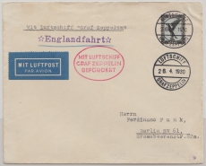 DR, 1930, DR- Mi.- Nr.: 383, EF auf Zeppelinbrief zur Englandfahrt, Bordpost nach Berlin, Abs.: Max Pruss, Nav. Offz.! LZ!!!