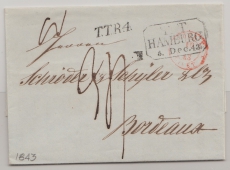 T + T, Hamburg, 1843, Auslandsbrief ab T + T- Postamt Hamburg nach Bordeaux, mit div. Transit- und Taxvermerken