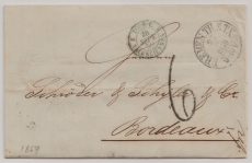 T + T, Bremen, 1859, Auslandsbrief ab T + T- Postamt Bremen nach Bordeaux, mit div. Transit- und Taxvermerken / Stempeln
