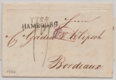Hamburg, 1834, Auslandsbrief ab Postamt Hamburg nach Bordeaux, mit Transit- und Taxvermerken, rs mit Eingangsstempel