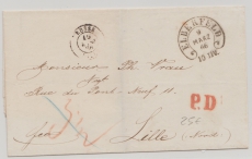 Preussen, 1866, Auslandsbrief von Elberfeld (schöner Hufeisenstempel!) nach Lille (Fr.), mit Transit- und Taxvermerk