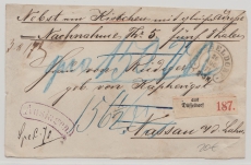 Preussen, 1871, Wertpaket- Begleitbrief (Vorderseite) mit Auslagenvermerk von Düsseldorf (Hufeisenstempel!) nach Nassau