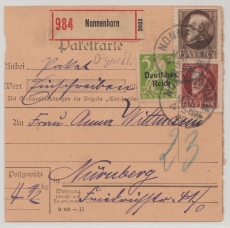 Bayern / DR- Infla, 1920, 1,5 Mk. Luitpold + DR- Mi. - Nr.: 119 als MiF auf Wertpaketkarte von Nonnenhorn nach Nürnberg