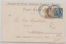 Bayern, 1901 (?), 5 Pfg.- Stadpost München, Privatpostkarten- GS, + 2 Pfennig Bayern Zusatzfrankatur als Ortspostkarte