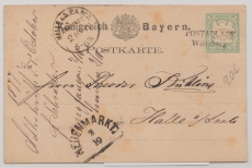 Bayern, 1877 (?), 5 Pfg.- GS- Karte, gelaufen von Postablage Wiersbach (!!!) nach Halle