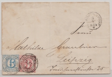 T + T, ca. 1865, 9 Kr. als MiF auf Fernbrief von FF/M Bahnhof nach Leipzig