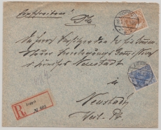 Danzig, 1917, nette und interessante Germania MiF auf Einschreiben- Fernbrief von Danzig nach Neustadt