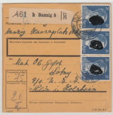 Danzig / DR, 1944, DR- Mi.- Nr.: 793 (3x) als MeF auf Paketkartenstammteil, für ein Paket von Danzig nach Plön