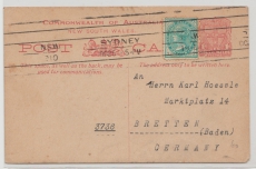 Australien, New South Wales, 1910 (?), 1 Penny- GS + 1/2 Penny Zusatzfrankatur als Auslandskarte von Syney nach Bretten