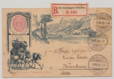 Schweiz, 1893, 5 Rp. - Bild- GS, + 2x 15 Rp. als Zusatzfrankatur als Auslands- Einschreiben- Postkarte von Kreuzlingen nach Konstanz