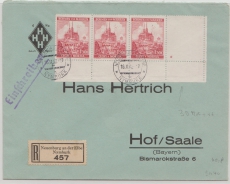 B + M, 1942, Mi.- Nr.: 30 (3x, vom UR / ER + Leerfeld incl. Stern) , als MeF auf Einschreiben von Neuenburg nach Hof