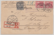 Germania, Reichspost, Mi.- Nr.: 53 + 56 (2x) als MiF auf Einschreiben- Ortspostkarte von Rixdorf (heute Berlin!) nach Berlin