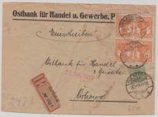 Germania, Infla, Mi.- Nr.: 99 (4x) + polnische Marke (!) als MiF auf Einschreiben- Fernbrief von Scalmierzyce nach Ostrowo