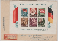 DDR, 1953, BLock 8/9 A/B, je als EF auf Einschreiben- Fernbrief, von Karl- Marx- Stadt nach FF/M, je gepr. Weigelt BPP