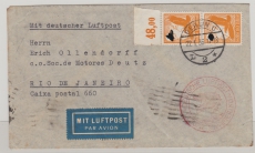 DR, 1936, Mi.- Nr.: 536 (2x, 1x vom OR), als MeF auf Luftpost- Auslandsbrief von Berlin nach Rio de Janeiro, Brasilien