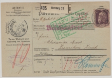 Bayern, 1916, 80 Pfg. (Mi.- Nr.: 103) als EF auf Auslands- Paketkarte für ein Paket von Nürnberg nach Zumikon (?), CH