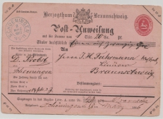 Braunschweig, 1866, Postanweisung (Mi.- Nr.: A 3), gebraucht über 20 Thaler, von Schöningen nach Braunschweig
