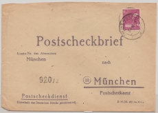 Kontrollrat- West, 1948, Mi.- Nr.: 954 als EF auf Postscheckbrief von Immenstadt nach München