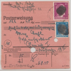 Mi.- Nr.: AP 791 I + AP 795 I als MiF auf Zahlkartenstammteil für einen Betrag von Neukirchen nach Chemnitz