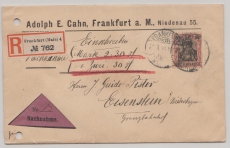 DR, Germania 1908, Mi.- Nr.: 91 I als EF auf Nachnahme- Einschreiben- Fernbrief, von FF/M nach Eisenstein