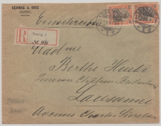 DR, Germania 1906, Mi.- Nr.: 89 I (2x) als MeF auf Einschreiben- Auslandsbrief, von Danzig nach Lausanne (CH)