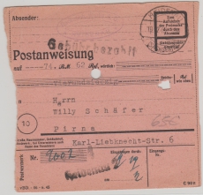 Postanweisung, 1945, von Heidenau nach Pirna, Ausgezahlt (=> das signalisieren die 2 Löcher!)