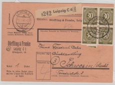 928 (4x), als reine MeF auf Paketkarte von Leipzig nach Schwerin, seltene und gute Portostufe!