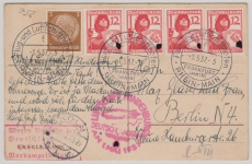 Zeppelin, 1937, Mi.- Nr.: 645 (4x) u.a. als MiF auf Postkarte zur Deutschlandfahrt 1937, mit Abbruchstempel, nach Berlin