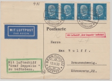 Zeppelin, 1936, Mi.- Nr.: 416 (4x) als MeF auf Postkarte, von München via Friedrichshafen, Bern (CH) nach Braunschweig