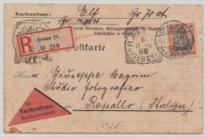 Germania, 1910, Mi.- Nr.: 89 I als EF auf Eingeschriebener- Auslands-Nachnahme- Postkarte von Dresden nach Rapallo (It.)