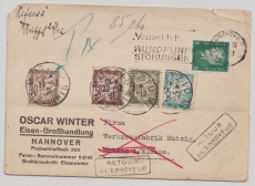 DR /Weimar, 1931, Mi.- Nr.: 412 + 4 versch. Franz. Nachportomarken, als MiF auf Postkarte von Hannover nach Mutzig und zurück