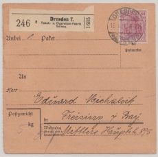 DR, Germania, 1917, Mi.- Nr.: 92 als EF auf Paketkartenstammteil für ein Paket von Dresden nach Freising, selten!