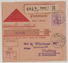 DR, Germania, 1915, Mi.- Nr.: 92 als EF auf Nachnahme-Paketkartenstammteil für ein Paket von Dessau nach Plattling, sehr selten!