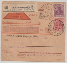 DR, Germania, 1918, Mi.- Nr.: 86 + 92 als MiF auf Nachnahme- Paketkartenstammteil für ein Paket von Kötschenbroda nach Richnach