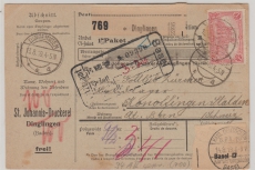 DR, Germania, 1919, Mi.- Nr.: 94 AII (2x!) als MeF auf Auslands- Paketkarte für ein Paket von Dinglingen nach Basel (CH)