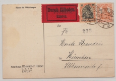 DR, Germania, 1917, Mi.- Nr.: 88 + 99 als MiF (32,5 Pfg. !) auf Eilboten- Fernpostkarte von Erfurt nach München