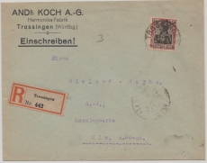DR, Germania, 1920, Mi.- Nr.: 91 als EF auf Einschreiben- Fernbrief von Trossingen nach Ulm