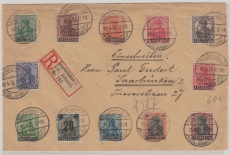 Saargebiet, 1921, MiF aus Mi.- Nr.: 32- 48 auf Orts- Einschreiben innerhalb von Saarbrücken