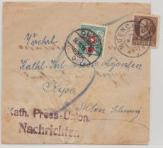Bayern, 1919, Mi.- Nr.: 94 + Schweizer Nachportomarke auf Auslands- Streifband von München nach Olten (CH)