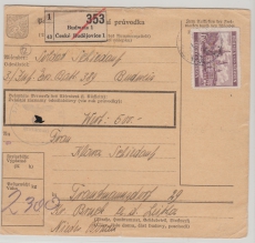 B + M, 1941, Mi.- Nr.: 58 als EF auf Wert- Paketkartenstammteil, für ein Paket von Budweis nach Bruck a.d. Donau