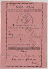 Hannover, 1861, Aufgabe- Schein, für einen Wertbrief nach Hamburg, mit schönem Vorphila- Einzeiler Ritzebüttel