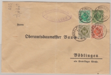 Württemberg, 1922 (???), 5 Pfg.- Dienst- GS- Umschlag, + Zusatzfrankatur als Fernbrief von Sindelfingen nach Böblingen