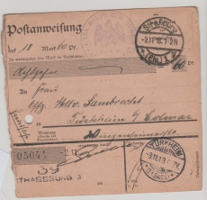 DR, Felpost, 1918, Felpost- Postanweisungs- Stammteil für einen Betrag von Straßburg nach Türkheim, sehr selten!!!