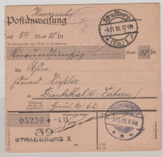 DR, Felpost, 1918, Felpost- Postanweisungs- Stammteil für einen Betrag von Straßburg nach Dimbsthal, sehr selten!!!