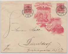 DR, Germania, 1906, 10 Rpfg.- Privat- GS- Umschlag (Mi.- Nr.: PU 20?) + Nr. 86 als Zusatz als Fernbrief von Brackwede nach Düsseldorf