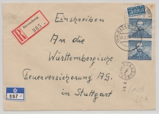 BRD, 1953, Mi.- Nr.: 150 (2x) als MeF auf Einschreiben- Fernbrief von Ravensburg nach Stuttgart. Seltene Frankatur!