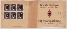 DR, 1945, Mi.- Nr.: 826 (30x, vs. + rs.) auf gr. Teil einer HJ- Spahrkarte der Dt. Reichspost, von Warnsdorf. Sehr selten!!!