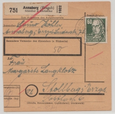 SBZ, Allgem. Ausgaben, 1951, Mi-. Nr.: 225 als EF (!) auf Paketkartenstammteil für 1 Paket von Annaberg nach Stollberg