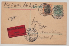 DR, 1914, 5 Rpfg.- Germania- GS + Mi.- Nr.: 88 als Zusatzfrankatur auf Eilboten- Ortspostkarte innerhalb Berlin´s