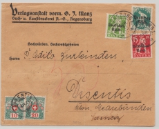 DR, Infla, 1921, Mi.- Nr.: 126 u.a. als MiF (+ 2 Schweizer Nachportomarke) auf Auslandsbrief von Regensburg nach Disentis (CH)